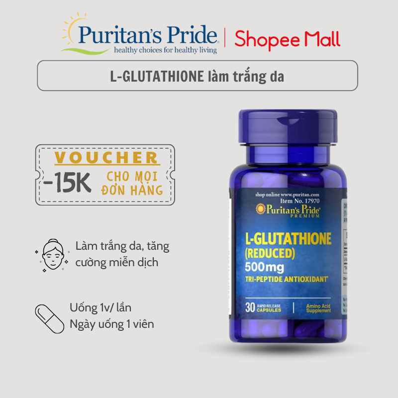 Viên uống thải độc giúp trắng da, giảm nám Puritan's Pride L-Glutathione 500mg 30 viên của Mỹ