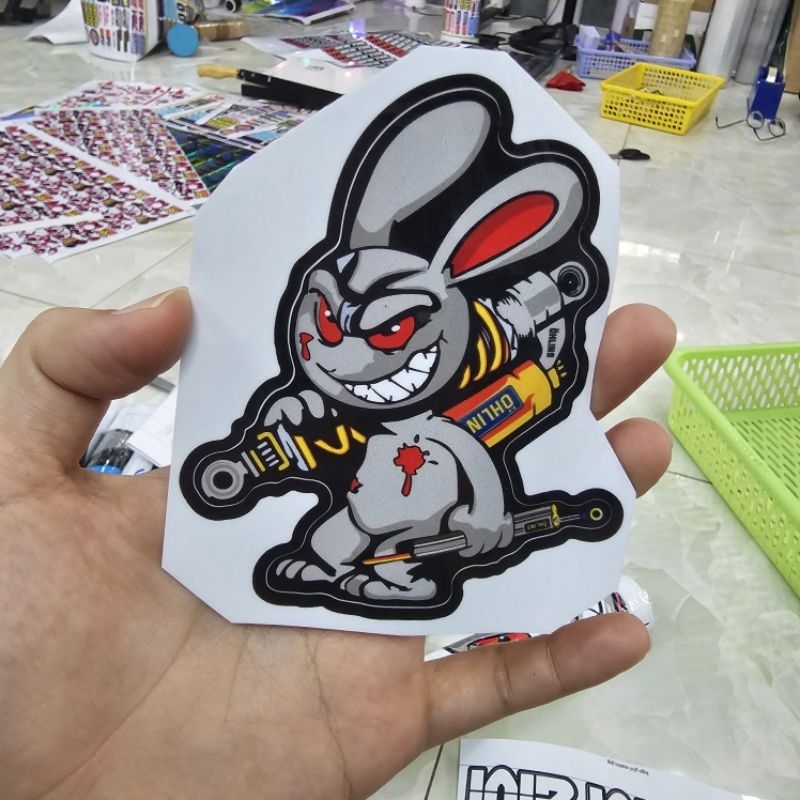 Tem sticker thỏ điên cầm phuộc OH 10cm