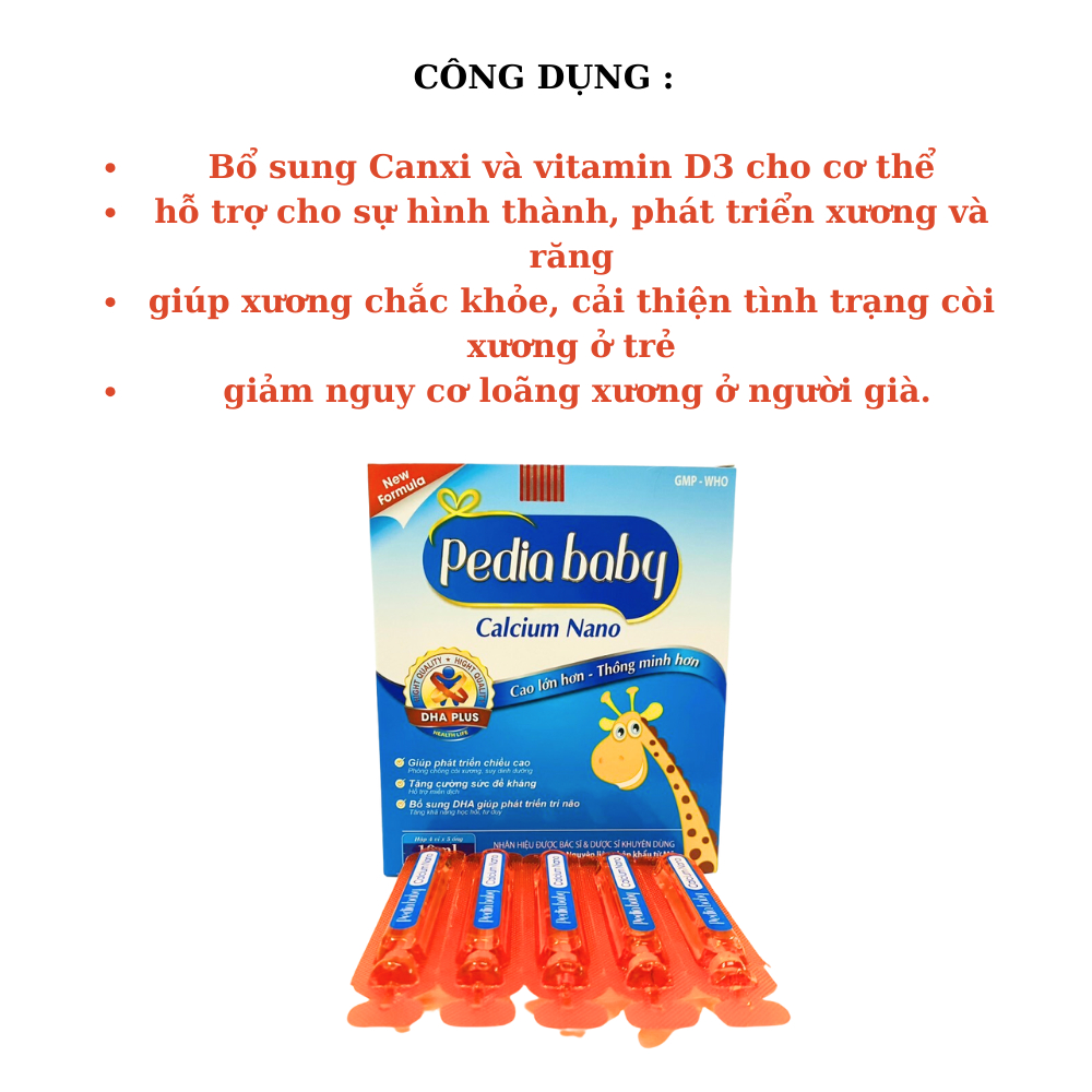 PEDIABABY KID CALCIUM NANO - Bổ sung canxi cho cơ thể (HỘP 20 ỐNG)