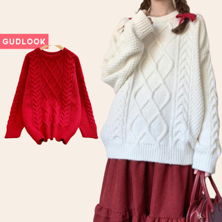 Áo Len Trơn Cổ Tròn GUDLOOK len thừng dày dặn form rộng màu đỏ trắng xanh