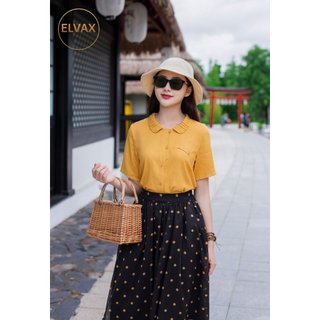 Set đồ nữ elvax áo sơ mi linen vàng cổ sen cộc tay phối chân váy voan chấm bi mềm mại