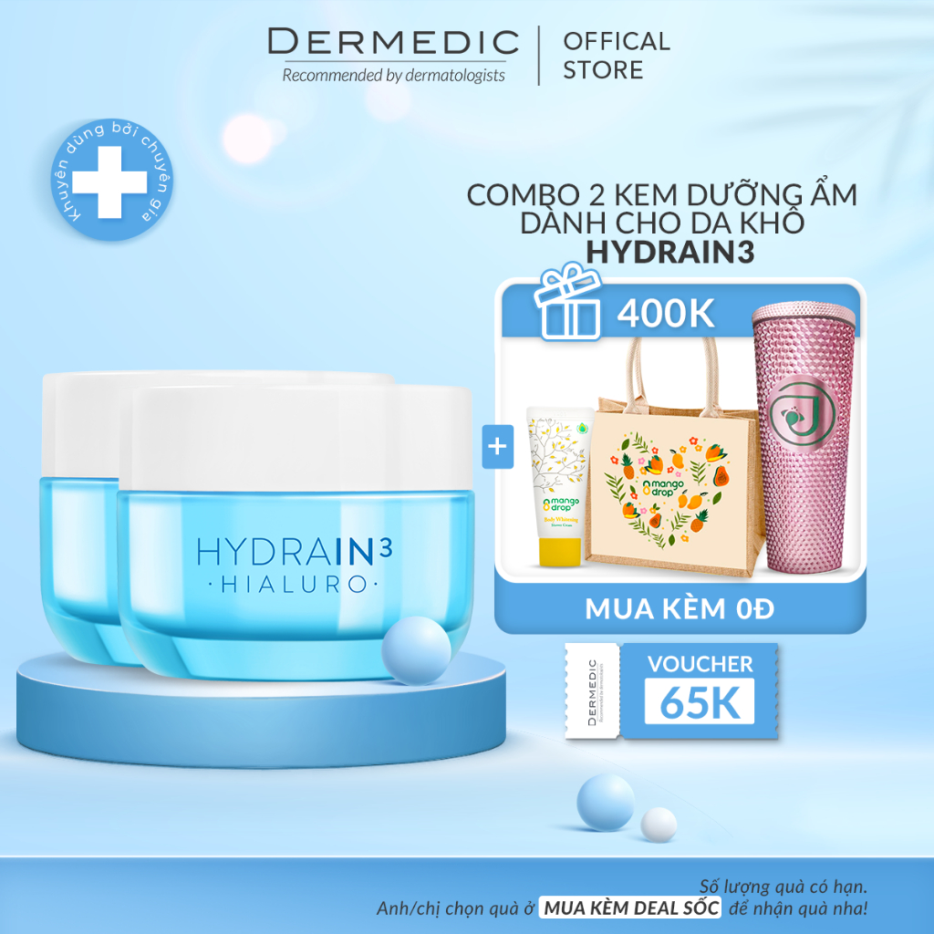 Combo 2 Kem dưỡng Dermedic HA ban đêm  cấp âm da khô mất nước Hydrain3 Hialuro Cream-Gel Ultra-Hydrating 50 G