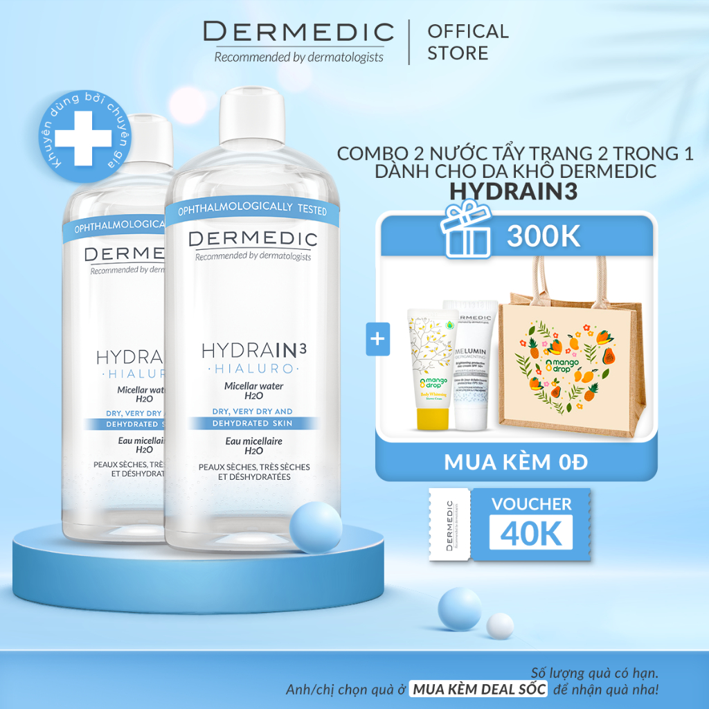 Combo 2 Nước tẩy trang 2 trong 1 dành cho da khô Dermedic Hydrain3 Hialuro Micellar Water H2O 500ml