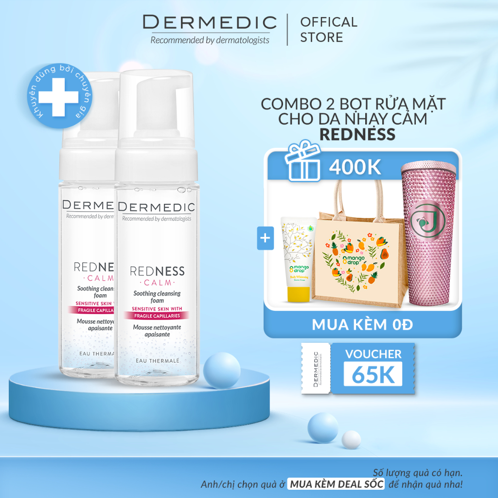 Combo 2 Bọt rửa mặt dành cho da nhạy cảm Dermedic Redness Soothing Cleansing Foam 170ml