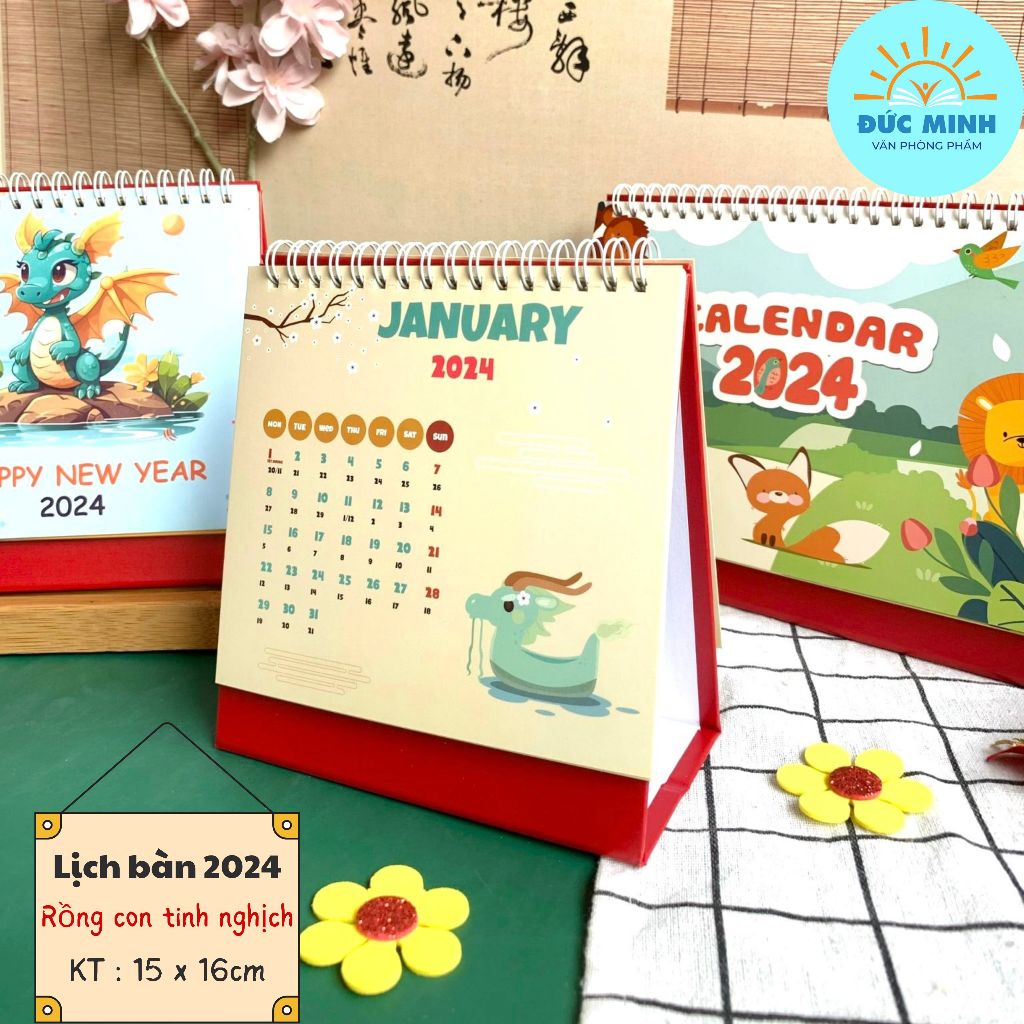 Lịch để bàn 2024, vẽ tay sang trọng, 15x16cm,  hành trình 1 năm - Góc học tập sáng tạo