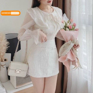 Áo sơ mi nữ Goness cổ tròn 2 tầng phối ren dài tay phối ren dáng dài thiết kế tiểu thư thời trang đi học, công sở