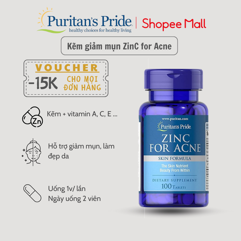 Bổ sung kẽm giúp đẹp da, giảm mụn nội tiết Puritan s Pride Zinc For Acne