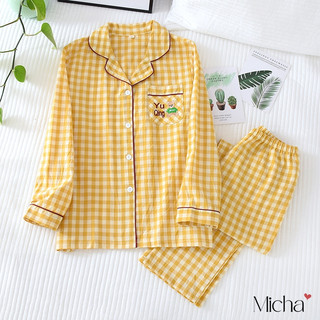 Pyjama nữ dài tay vải thô washed cotton cao cấp Micha P42