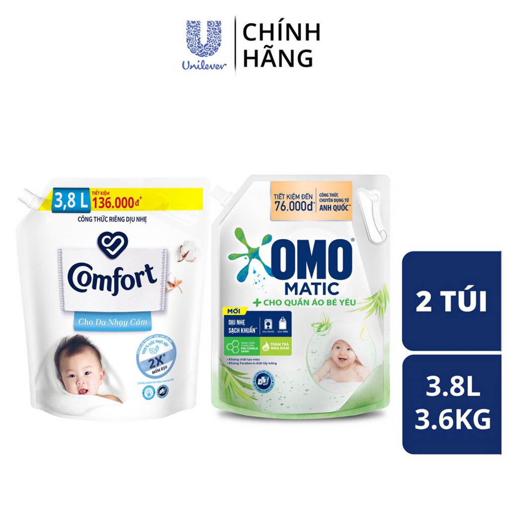 Combo Túi Nước Giặt Omo Matic Baby 3.6kg + Nước xả vải Comfort Cho Da Nhạy Cảm Túi 3.8L