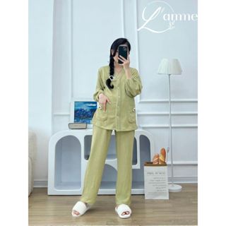 Set quần áo thu đông, bộ bầu mặc nhà chất len tăm ấm áp Floral cổ V khóa kéo ngực thuận tiện thiết kế By Lamme