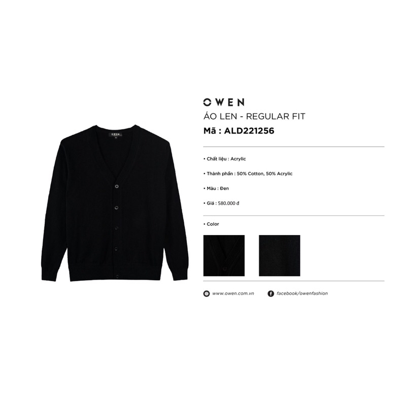 Áo len owen màu đen cổ tim cài khuy regular fit ALD221256