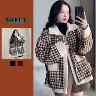 Áo khoác dạ lông cừu Forgirlstudio họa tiết kẻ caro cổ bẻ phối túi phong cách Hàn Quốc T013