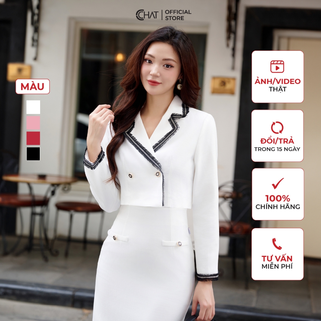 Áo Blazer Nữ 𝐂𝐂𝐇𝐀𝐓 Kiểu Cổ 2 Ve Đề Dây Dáng Suông Chất Dạ Tweed Cao Cấp 23EHZ8006ST