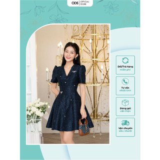 Đầm xoè xanh đen 2 lớp ODS thiết kế đính đá tay ngắn, cổ V, dây kéo sau, thời trang, tôn dáng mặc đi chơi đi tiệc - CM5