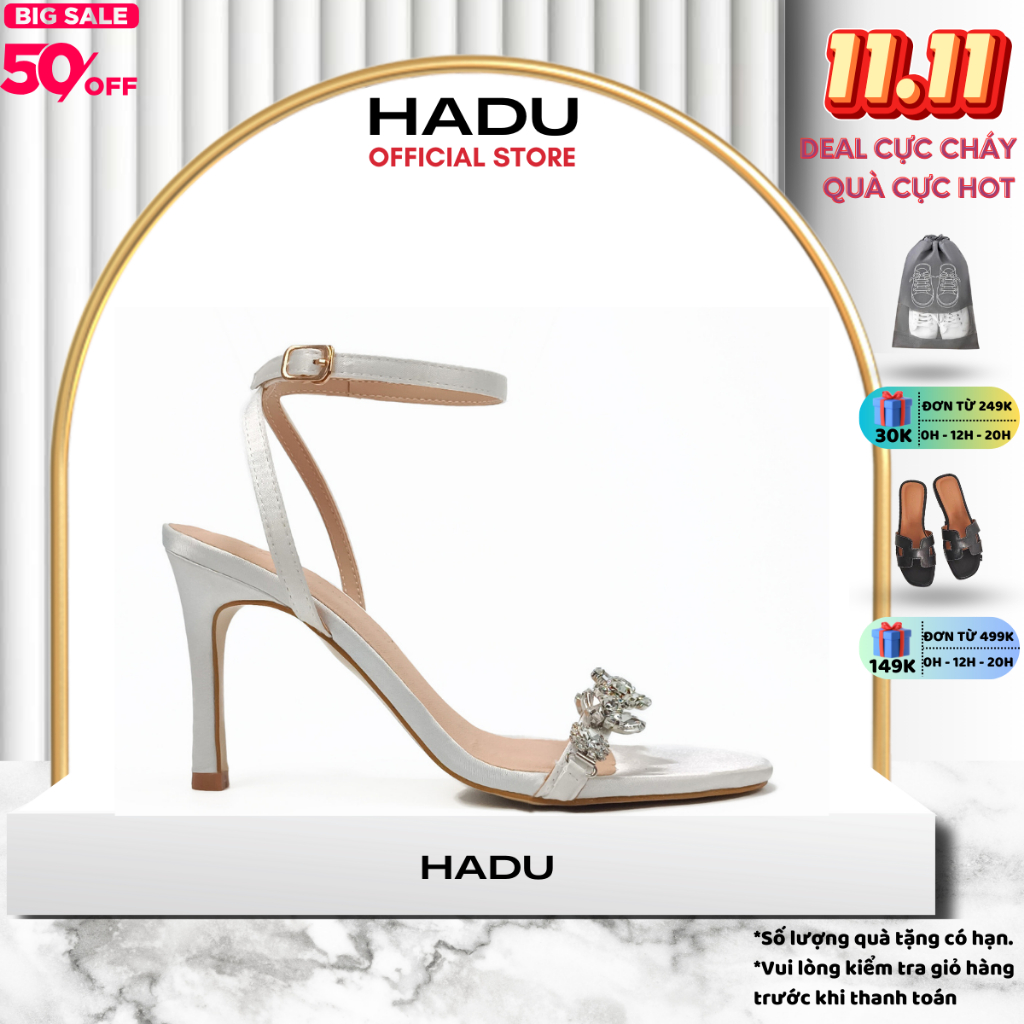 Giày Sandal Cao Gót Quai Đính Đá 7P BUD_CHARM HADU M792, Lụa Satin Cao Cấp, BH 24T