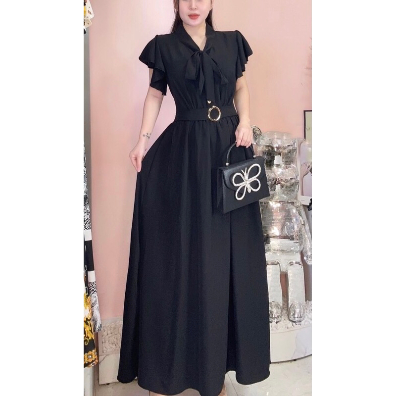 Đầm tay loe phối nơ cao cấp