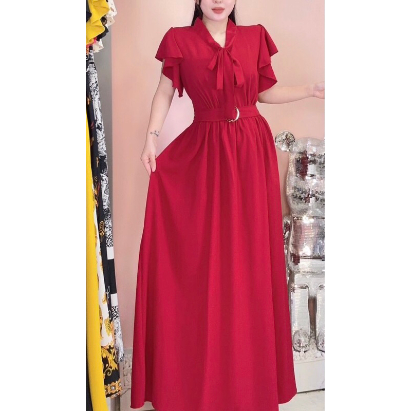 Đầm tay loe phối nơ cao cấp