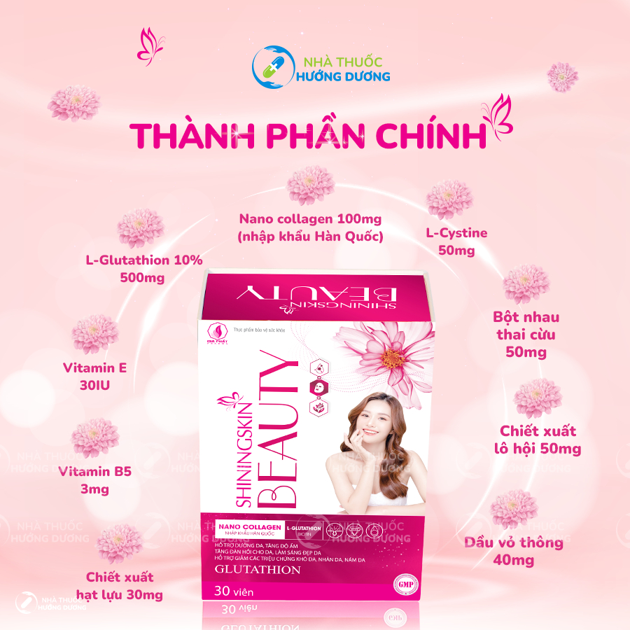 Viên Uống Dưỡng Trắng Da ShiningSkin Beauty - Nâng tông sáng đẹp da hiệu quả và giảm triệu chứng Khô da Nhăn da Nám da