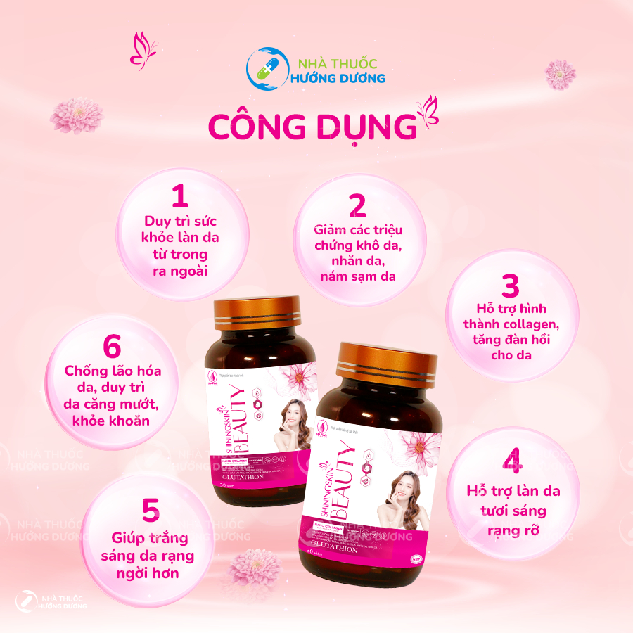 Viên Uống Dưỡng Trắng Da ShiningSkin Beauty - Nâng tông sáng đẹp da hiệu quả và giảm triệu chứng Khô da Nhăn da Nám da