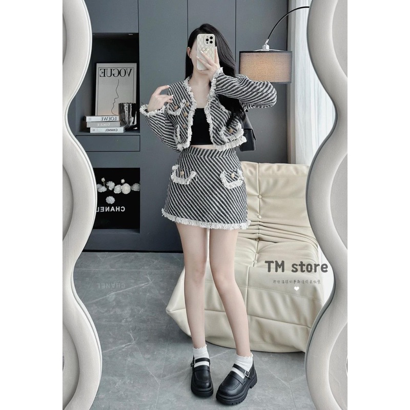 Bigsize Set dạ sọc 2 món áo khoác + chân váy phối túi tua rua 55-95kg