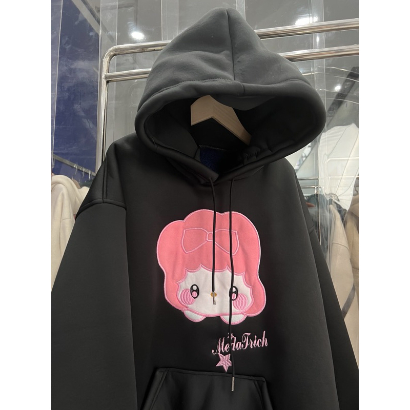 Áo nỉ hoodie lông cừu bé nơ hồng
