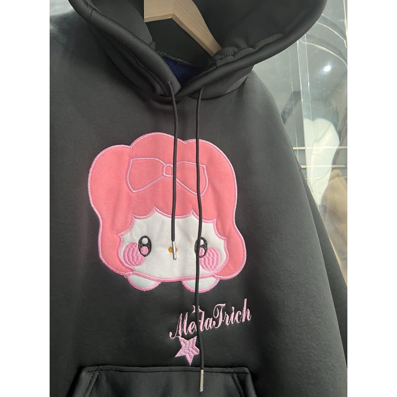 Áo nỉ hoodie lông cừu bé nơ hồng