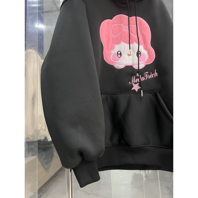 Áo nỉ hoodie lông cừu bé nơ hồng