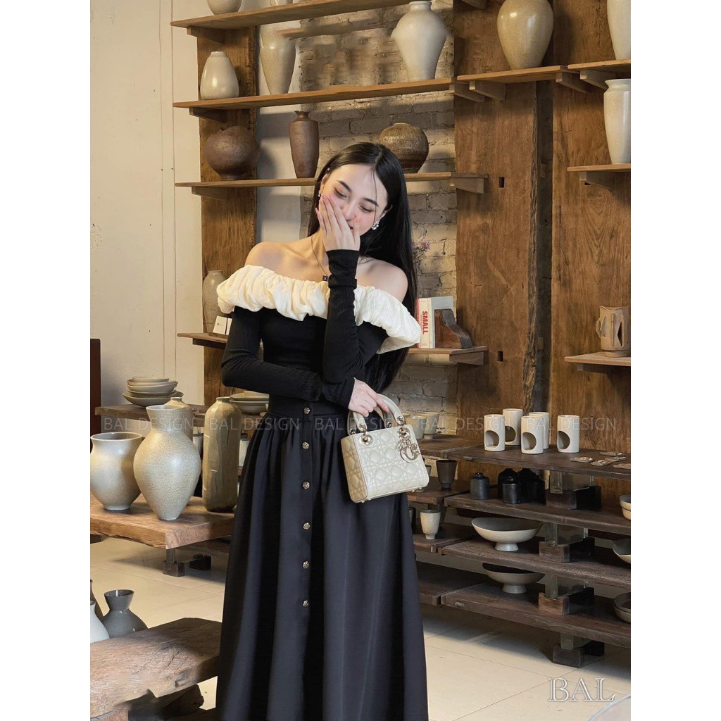 Set áo trễ vai pha bèo dài tay kèm chân váy khuy dáng dài tiểu thư