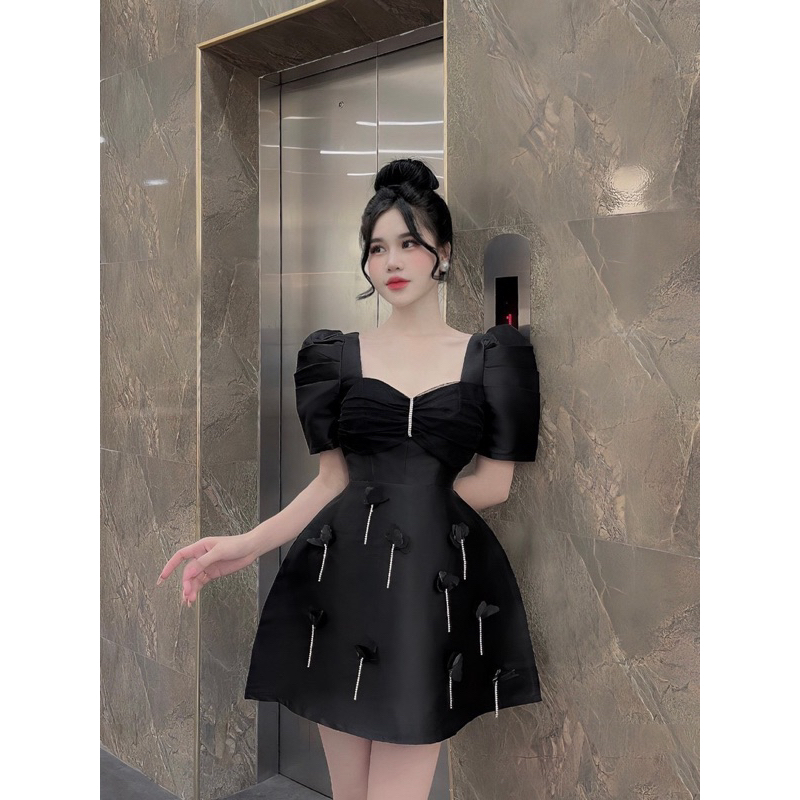 Bigsize Đầm đen đi tiệc tafta phối đá 55-95kg