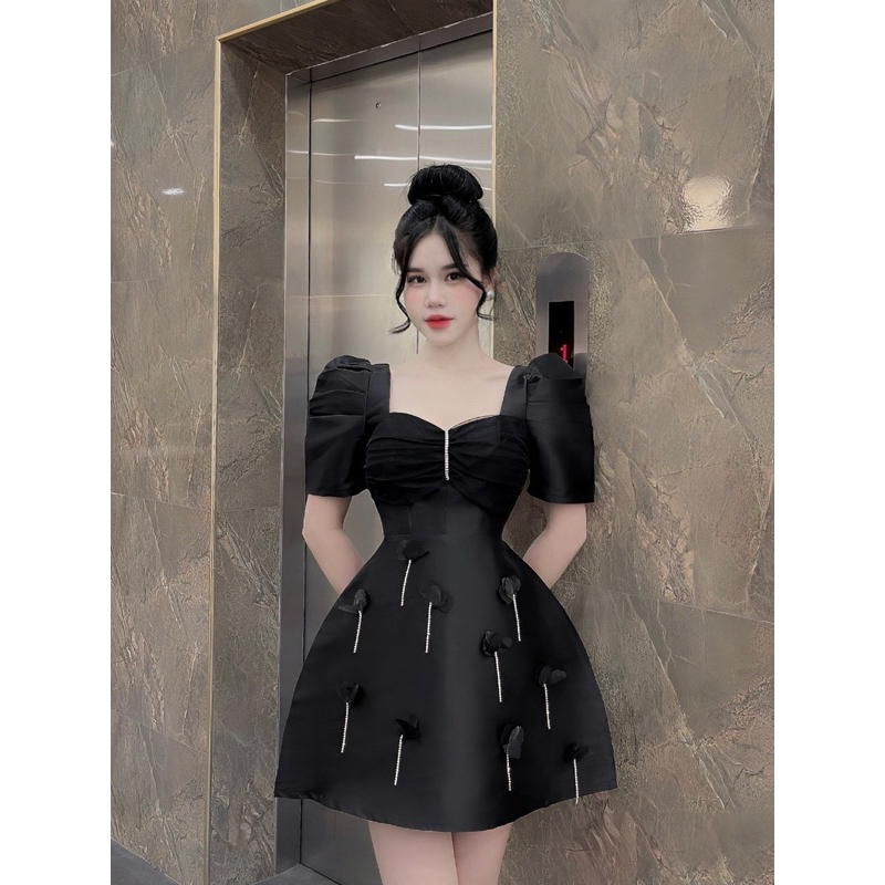 Bigsize Đầm đen đi tiệc tafta phối đá 55-95kg