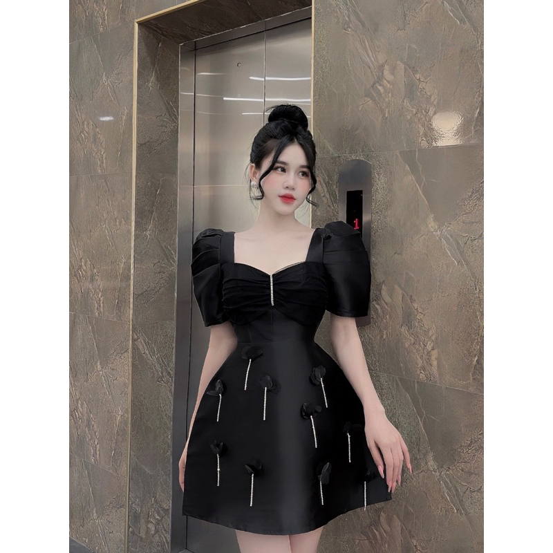Bigsize Đầm đen đi tiệc tafta phối đá 55-95kg