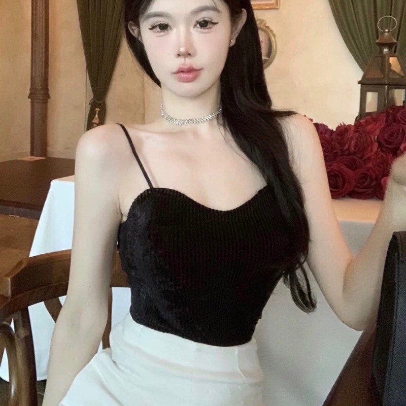 Áo bra hai dây nhung nhũ sang chảnh, sexy, có mút ngực dây vai có thể điều chỉnh hàng Quảng Châu Cao Cấp