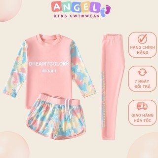  Đồ bơi cho bé gái tay dài quần dài set 3 món gồm 2 màu xanh hồng siêu dễ thương 