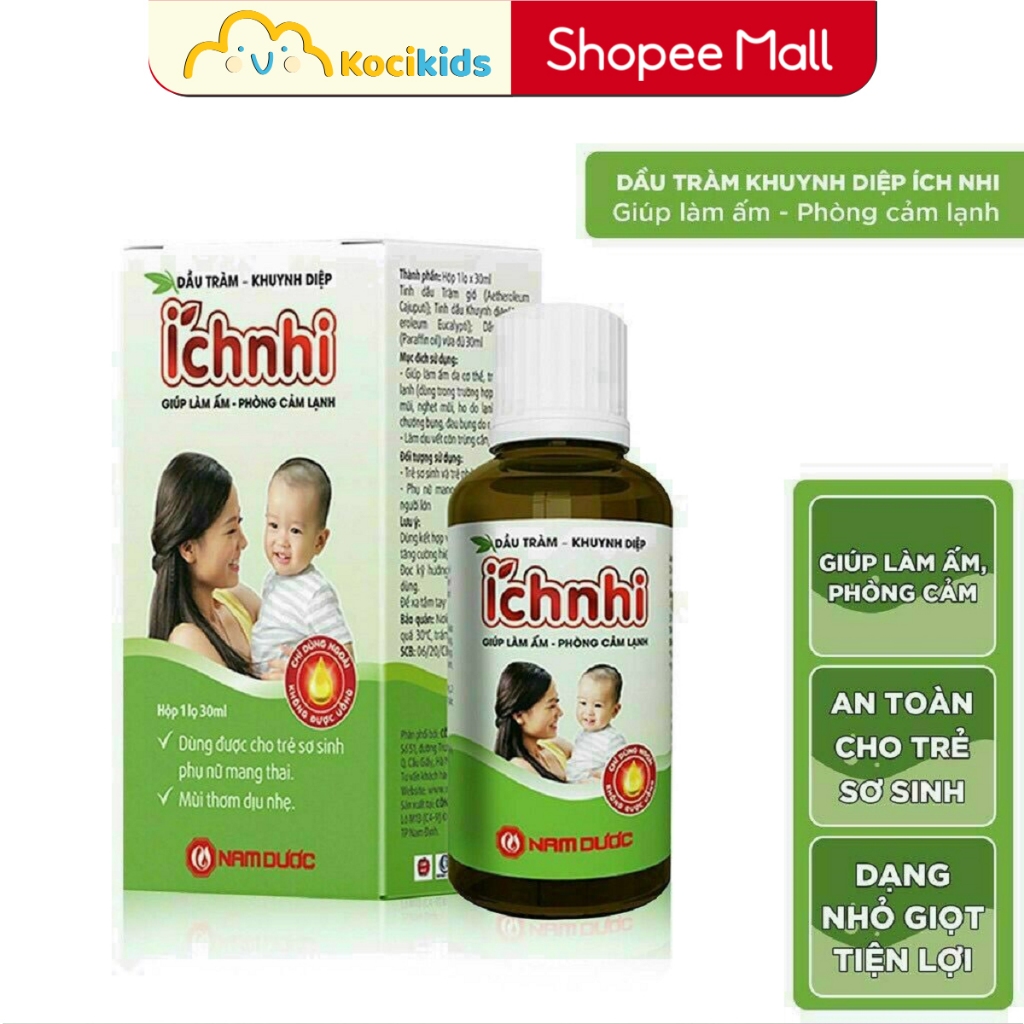 Dầu tràm khuynh diệp Ích Nhi 30ml giúp phòng cảm lạnh, làm ấm, an toàn