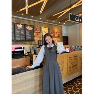 Váy Maxi Phối Sơ Mi Vải Cotton Trơn Công Sở Kèm Nơ HamyClothing Đầm thiết kế dáng dài xanh than xám