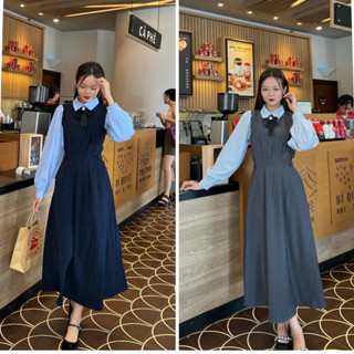 Váy Maxi Phối Sơ Mi Vải Cotton Trơn Công Sở Kèm Nơ HamyClothing Đầm thiết kế dáng dài xanh than xám