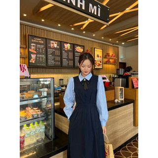 Váy Maxi Phối Sơ Mi Vải Cotton Trơn Công Sở Kèm Nơ HamyClothing Đầm thiết kế dáng dài xanh than xám