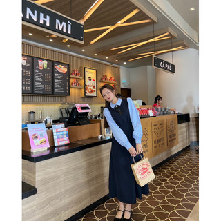 Váy Maxi Phối Sơ Mi Vải Cotton Trơn Công Sở Kèm Nơ HamyClothing Đầm thiết kế dáng dài xanh than xám