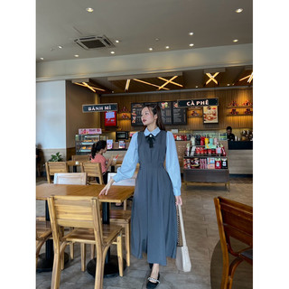 Váy Maxi Phối Sơ Mi Vải Cotton Trơn Công Sở Kèm Nơ HamyClothing Đầm thiết kế dáng dài xanh than xám