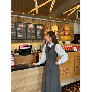Váy Maxi Phối Sơ Mi Vải Cotton Trơn Công Sở Kèm Nơ HamyClothing Đầm thiết kế dáng dài xanh than xám