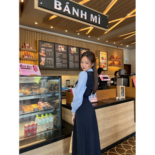 Váy Maxi Phối Sơ Mi Vải Cotton Trơn Công Sở Kèm Nơ HamyClothing Đầm thiết kế dáng dài xanh than xám