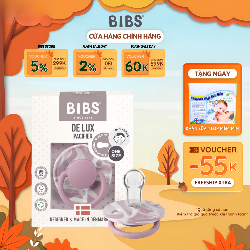 Ti Giả BIBS Delux Màu Trơn, Núm Ti Giả Cho Bé Ngậm Hỗ Trợ Chỉnh Nha Đầu Dẹt Silicone Mềm Mại Cho Bé Từ 0-36 Tháng