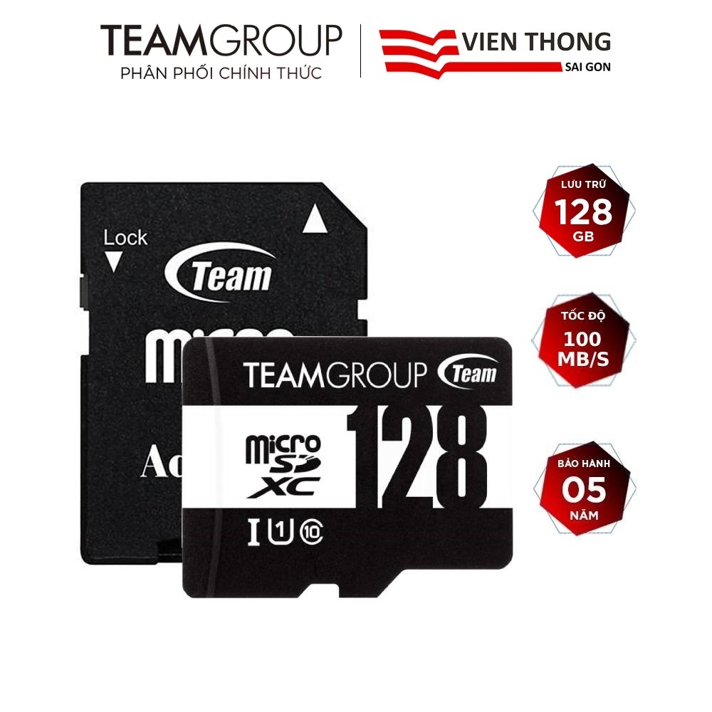 Thẻ nhớ microSDXC Team 128GB upto 100MB/s kèm Adapter ( Trắng đen)