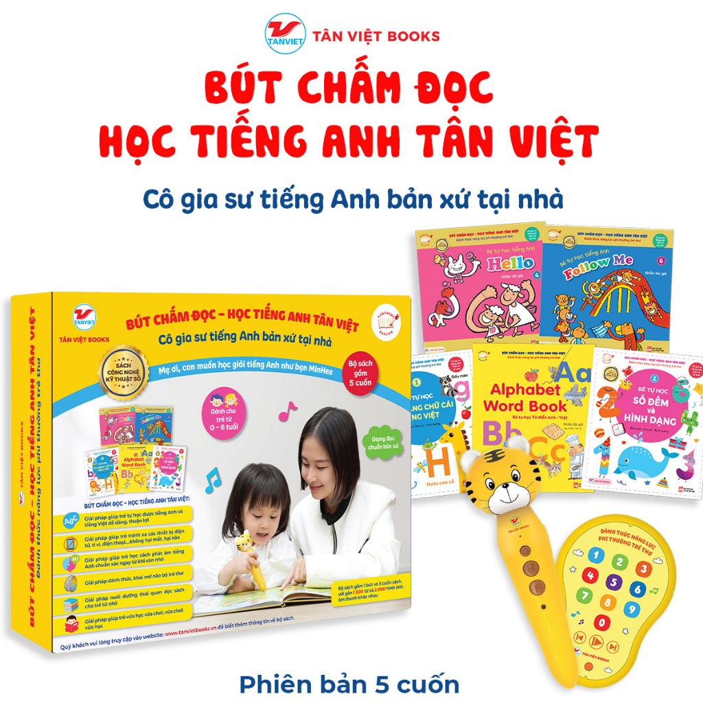 Sách - Bút chấm đọc Học tiếng Anh Tân Việt - Cô gia sư tiếng Anh cho trẻ từ 0-10 tuổi - Phiên bản 5 cuốn