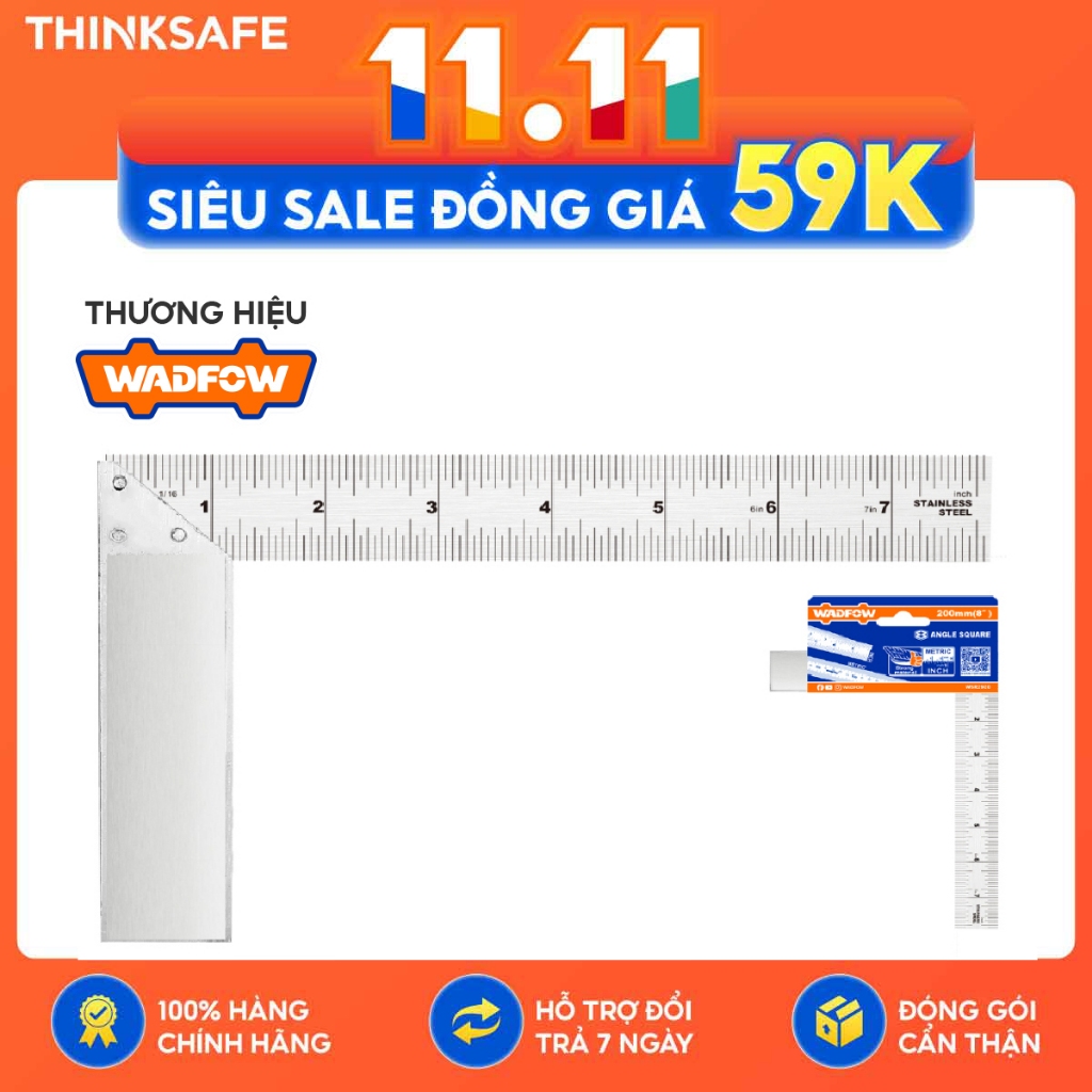 Thước vuông Wadfow chất liệu hợp kim nhôm khung thép không gỉ thước vuông L vuông góc 90 độ dụng cụ Wadfow chính hãng