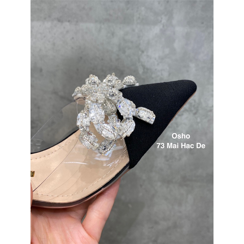 Giày slingback mũi nhọn nơ đá OSHO, chất vải cao cấp, êm chân