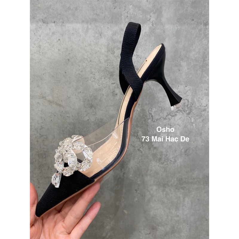 Giày slingback mũi nhọn nơ đá OSHO, chất vải cao cấp, êm chân
