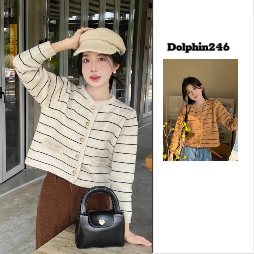Áo khoác len cardigan cổ tròn cài giữa phong cách Hàn Quốc họa tiết kẻ sọc ngang retro tôn dáng M373 E2-4A