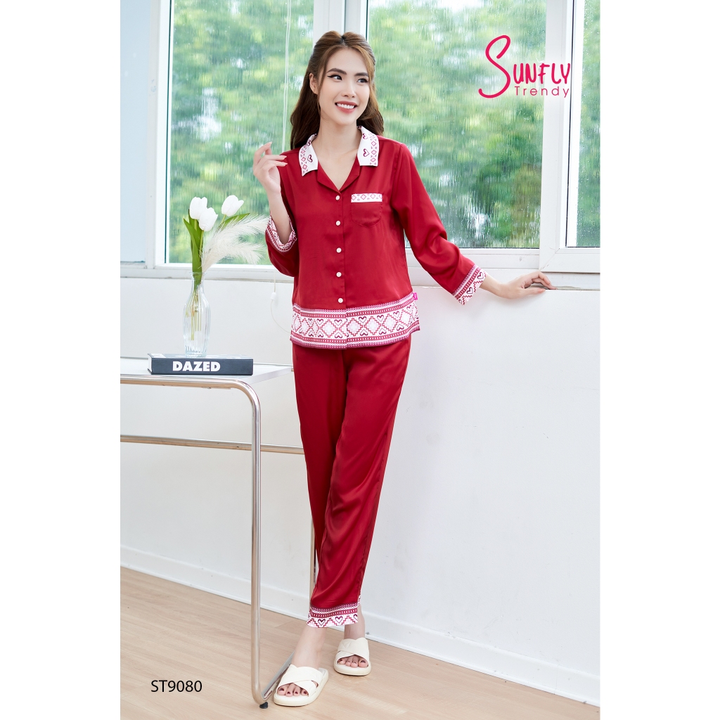 Đồ bộ nữ Sunfly quần dài tay dài chất lụa satin cổ pyjama ST9080