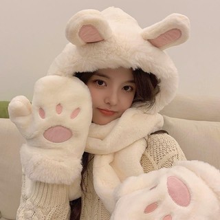 Khăn bông kèm mũ tai thỏ len lông mịn cao cấp,thoải mái và ấm áp 3 in1 thiết kế tiết khăn,mũ,gang tay